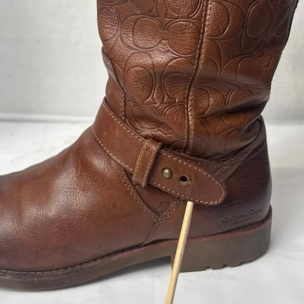 Coach Virginia Embossed Logo Women Boots Size 8 Brown Leather Tall Boots